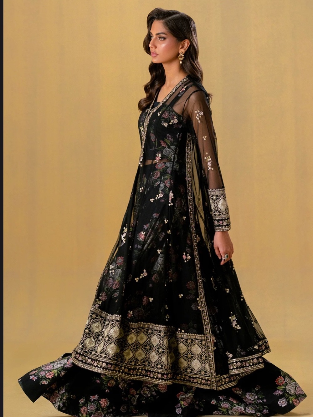 Ethnc Black Floral Embroidered Long Dress with Sheer Sleeves